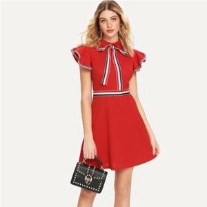 SHEIN Tie Neck Striped Trim Flutter Sleeve Dress